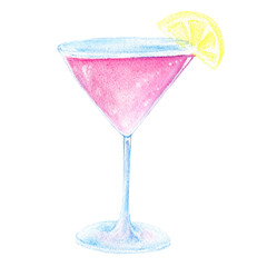Glass with cosmopolitan and lemon slice, watercolor painting