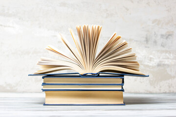Vintage old hardback books. Education background. Back to school. Copy Space.