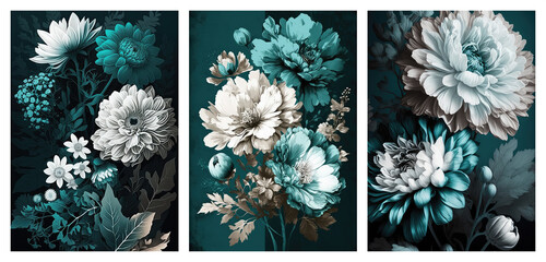 Set of floral art posters, blue and white flowers concept art, generative ai