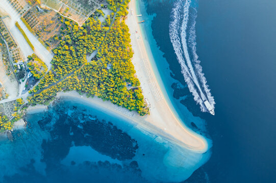 Panoramic aerial view at the Zlatni Rat. Beach and sea from air. Famous place in Croatia. Summer seascape from drone. Travel - image