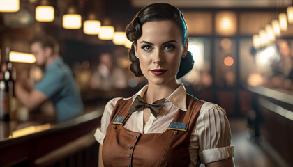 Waitress posing in a bar.