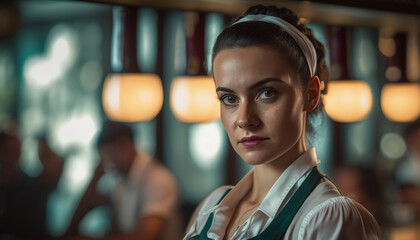 Waitress posing in a bar.