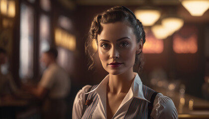 Waitress posing in a bar.