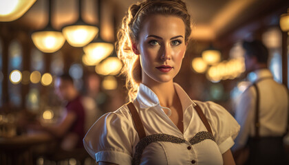 Waitress posing in a bar.