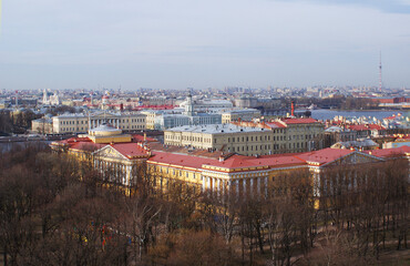 Roofs of houses, historical buildings, urban architecture.