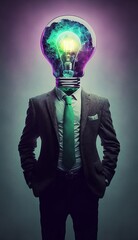 A Creative Man in a Business Suit with a Psychedelic Lightbulb for a Head Created by Generative AI Technology