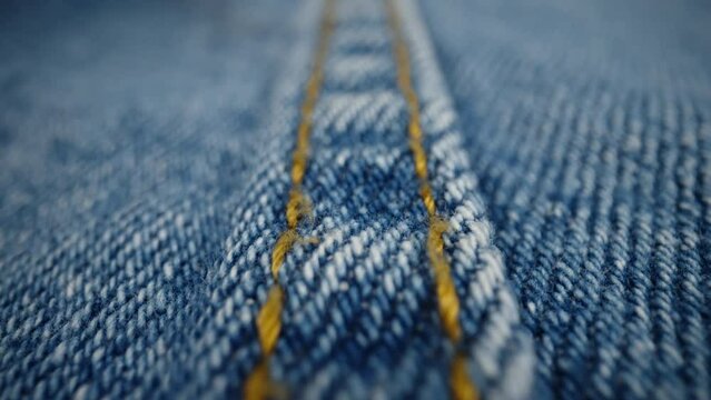 Macro shot blue denim jeans material. Slider dolly extreme close-up of clothing material, camera glides over fabric texture. Seams sewn with yellow threads. Shot with laowa 24mm lens