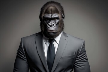 A Gorilla in a Formal Business Suit Against a Grey Background Created by Generative AI Technology