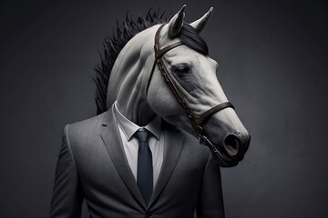 A Horse in a Formal Business Suit Against a Grey Background Created by Generative AI Technology