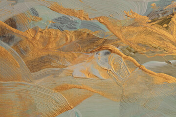 Oil and Acrylic smear blot painting wall. Abstract texture beige, blue, gold color stain brushstroke background.