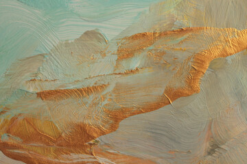 Oil and Acrylic smear blot painting wall. Abstract texture beige, blue, gold color stain brushstroke background.