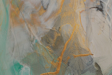 Oil and Acrylic smear blot painting wall. Abstract texture beige, blue, gold color stain brushstroke background.