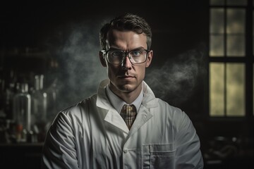 Fototapeta premium Illustration of a Scientist in a White Lab Coat in a Dark Laboratory Created by Generative AI Technology