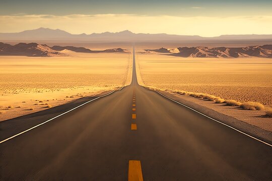 An Lonely Highway Straight to the Desert Horizon Under an Afternoon Sky With Clouds created by Generative AI Technology