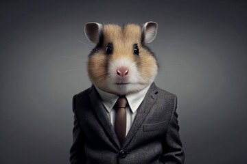 Portrait of a Hamster in a Formal Business Suit Against a Grey Background Created by Generative AI Technology