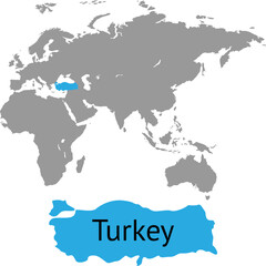 Obraz premium The map of Turkey is highlighted in blue on the world map