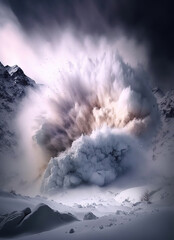 The collapse of the snow avalanche in the mountains, a powerful cloud of snow dust blizzard , art illustration 