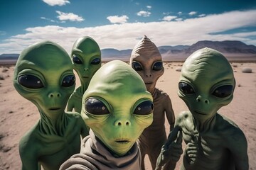 A Group of Green Aliens with Big Eyes Taking a Selfie Outside Area 51 Created by Generative AI Technology