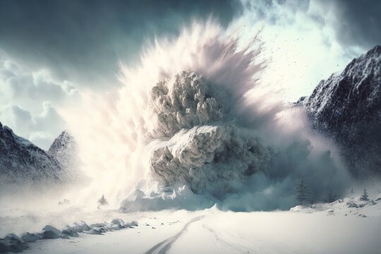 The collapse of the snow avalanche in the mountains, a powerful cloud of snow dust blizzard , art illustration 