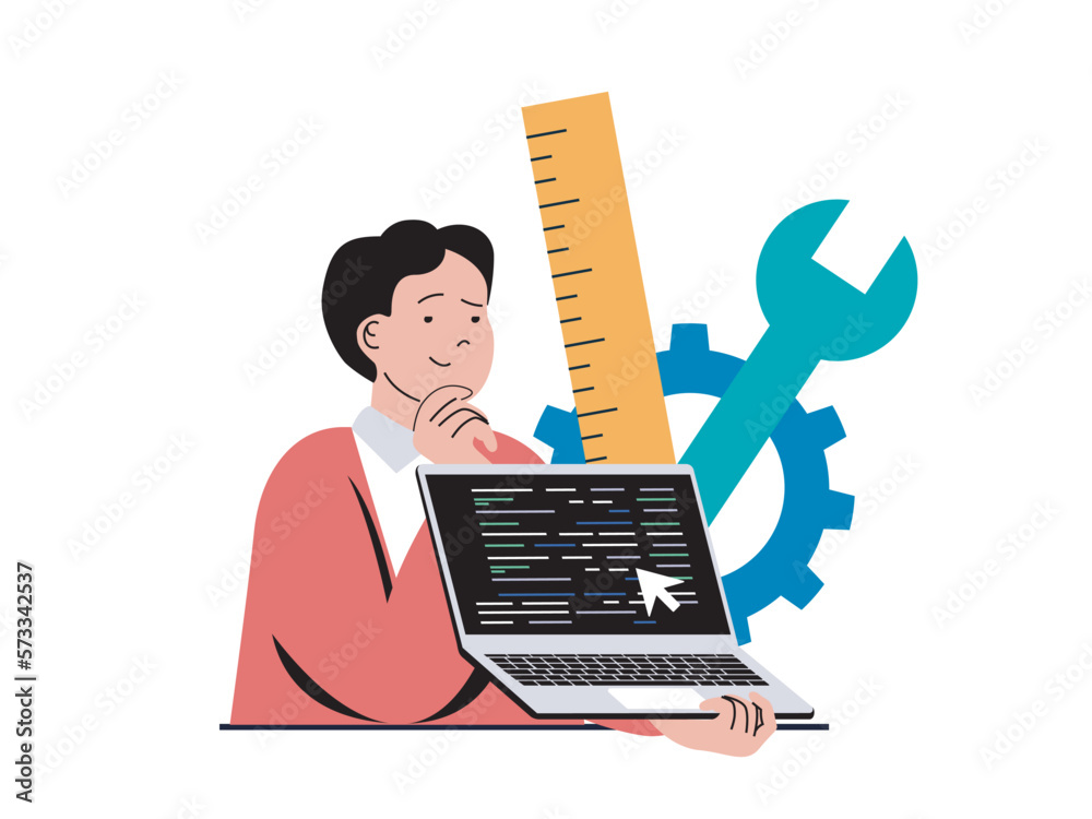 Leinwandbilder Programming software concept with character situation. Man working with code at laptop, finding new solutions, fixing bugs and testing. Vector illustration with people scene in flat design for web