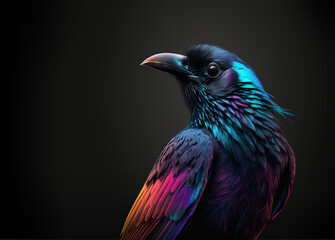 crow / raven with colorful feathers in, cyan, magenta, yellow and black (4C) against a dark background, cmyk color and print concept, generative ai - 573342517