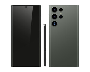 Vectorial smartphone design similar to Samsung S23 Ultra, front, back and s-pen - obrazy, fototapety, plakaty