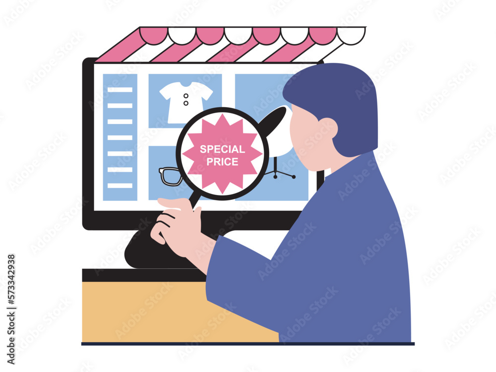 Poster Shopping concept with character situation. Man chooses clothes with special offer price on website store, makes order and paying online. Vector illustration with people scene in flat design for web