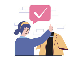 Shopping concept with character situation. Happy woman chooses new clothes in store or boutique, makes purchases and paying for goods. Vector illustration with people scene in flat design for web