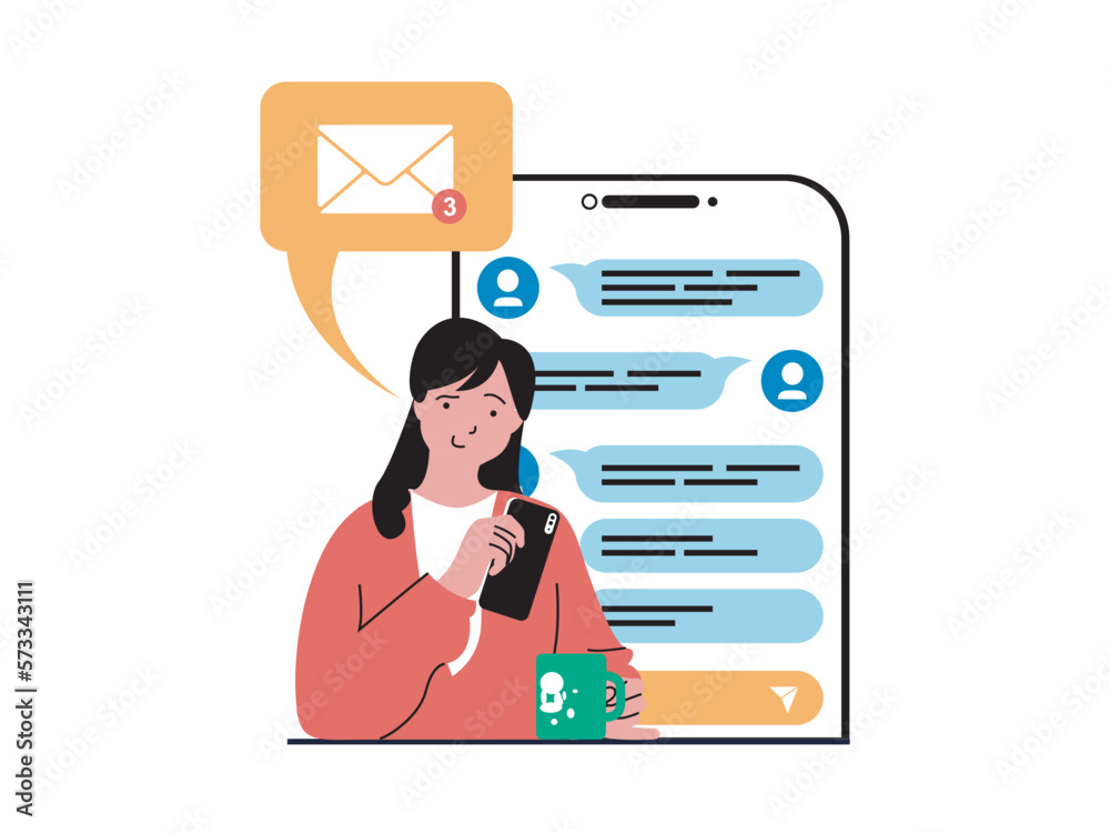Poster social network concept with character situation. woman chats with friend and receives new messages, 