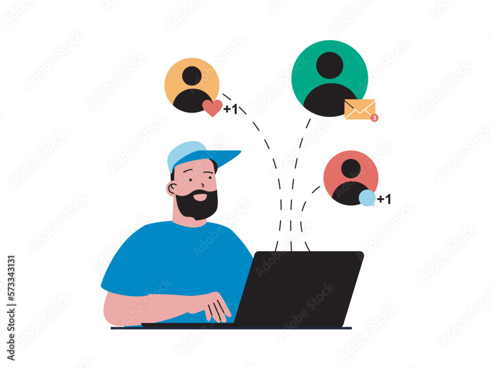 Aufkleber social network concept with character situation. man chats with friend, receives new messages, comme