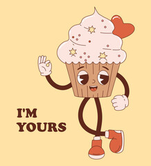 Retro enamored cartoon character cake cupcake with heart. Vintage groovy cute mascot cake. Cool vector illustration.