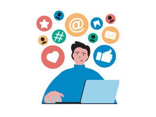 Social network concept with character situation. Man actively uses online profile, communicates, collects likes, posts content at laptop. Vector illustration with people scene in flat design for web