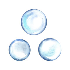 Transparent drops of water. Set of water bubbles. Isolation on a white background. Clip art. Watercolor hand drawn.