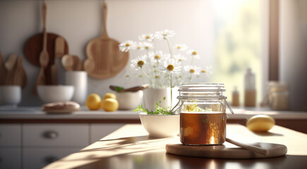 Fototapeta na wymiar generic golden honey glass jar or pot in a white kitchen in good morning soft lighting