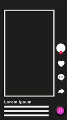 Transparent template for a mockup or stencil for the Tiktok screen in 2023 in vertical with an empty black space and white symbols in the frames for a cell phone screenshot with blank background