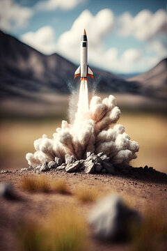 toy rocket starting from earch with lots of steam and smoke