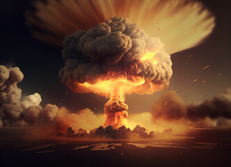 Terrible explosion of a nuclear bomb with a mushroom in the desert, Generative Ai