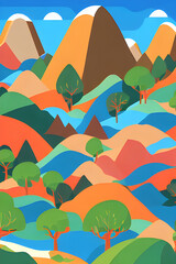 Fototapeta na wymiar flat 2d style illustration of cozy mountain ranges created with flat minimalistic style using vibrant and vivid colours