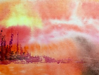 Watercolor. Sunset and fog. Horizontal view, copy-space. Template for designs , card, posters, calendar.
