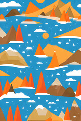 flat 2d style illustration of cozy mountain ranges created with flat minimalistic style  using vibrant and vivid colours