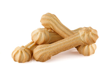 Pile of shortbread cookies isolated on white background. Closeup. Full depth of field.