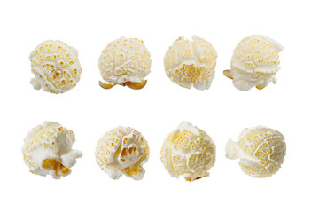 Collection of delicious popcorn, isolated on white background. Closeup.