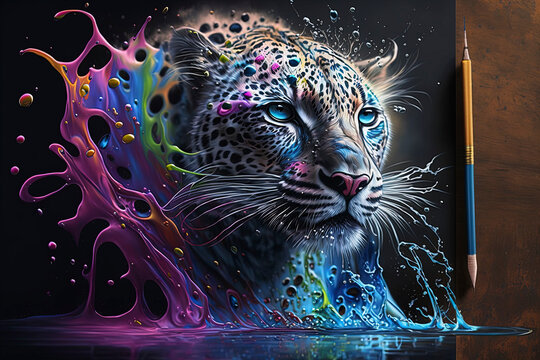 Close up of leopard, leopard with splash of paint, generative ai