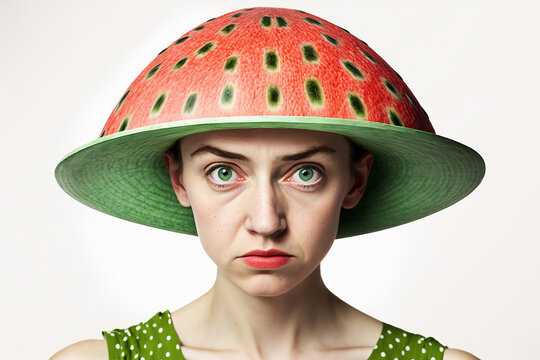Illustration of funny emotional woman face with a watermelon hat, generative ai