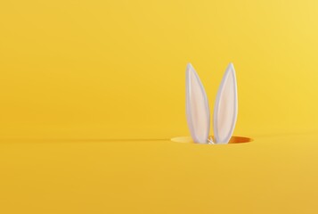 Bunny ears sticking out of the ground. The concept of Easter, the holiday and traditions associated with it. Hare ears on a light background. 3D render, 3D illustration.
