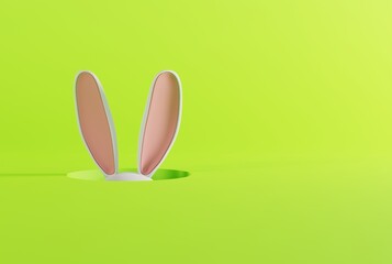 Bunny ears sticking out of the ground. The concept of Easter, the holiday and traditions associated with it. Hare ears on a light background. 3D render, 3D illustration.