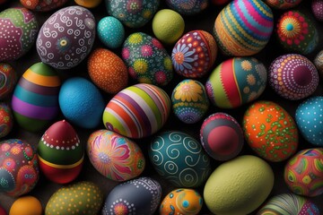 Fototapeta na wymiar Colorful easter eggs all over the place background - generative ai