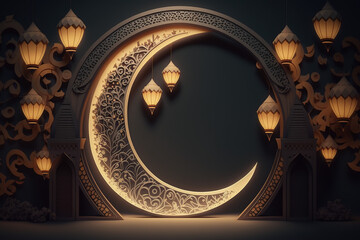 ramadan greeting card of crescent moon decoration and lanterns with copy space area banner