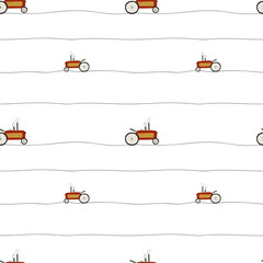 Cute Hand drawn tractor. Vector seamless pattern for fabric, textile and wallpaper. Minimslist nursery background trendy illustration