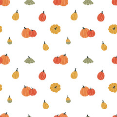 Seamless pattern with Hand drawn pumpkin. Flat style. Suitable for fall decor, harvest festival, Thanksgiving, Halloween, healthy eating. Fall vector bacground
